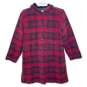 EDDIE BAUER Women Red Black Buffalo Plaid Teddy Sherpa Long Coat Jacket Sz L